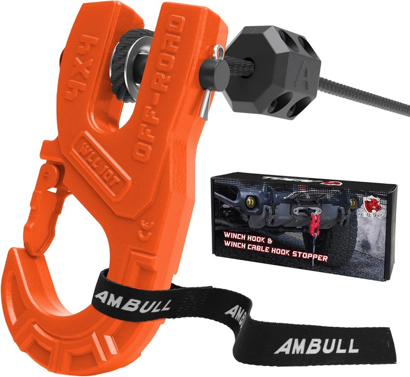 AMBULL 3/8" Tow Winch Hook with Cable Stopper, 10T Winch Hook, Upgrade Heavy Duty Forged Steel Winch Hook, 31967lbs Max Strength, Clevis Clip Hook Set for Synthetic Rope, Off-Road Vehicle, Orange - Image 1